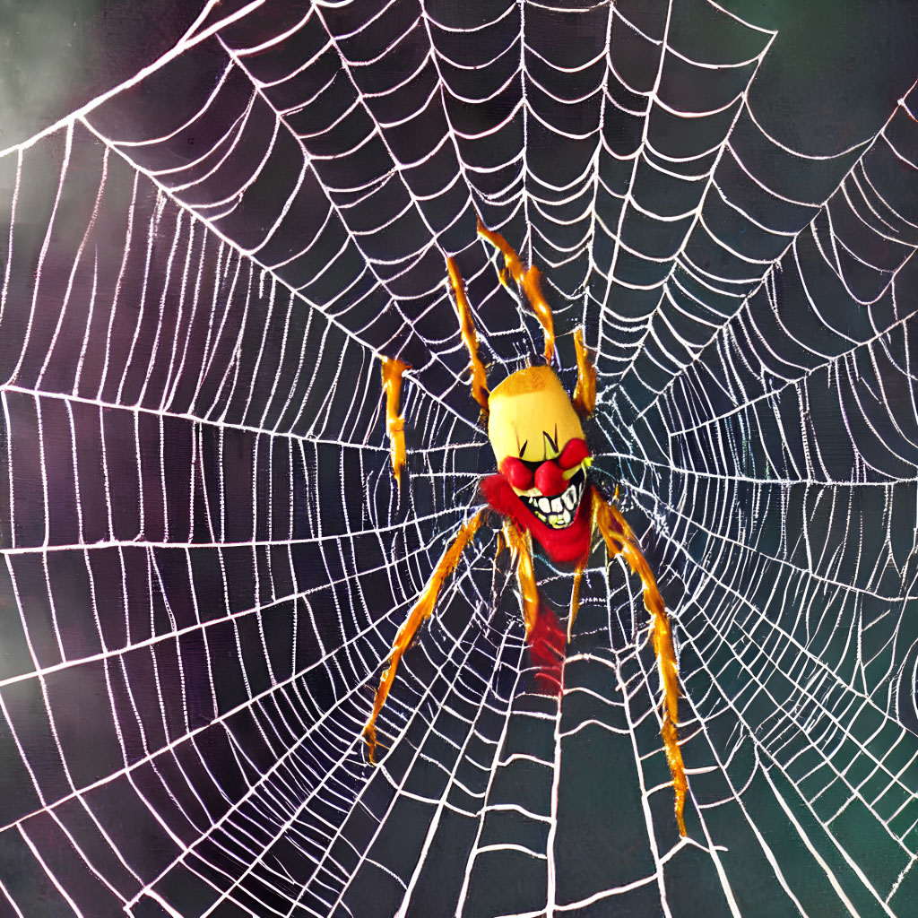 Cartoonish villainous face on large spider in dew-covered web