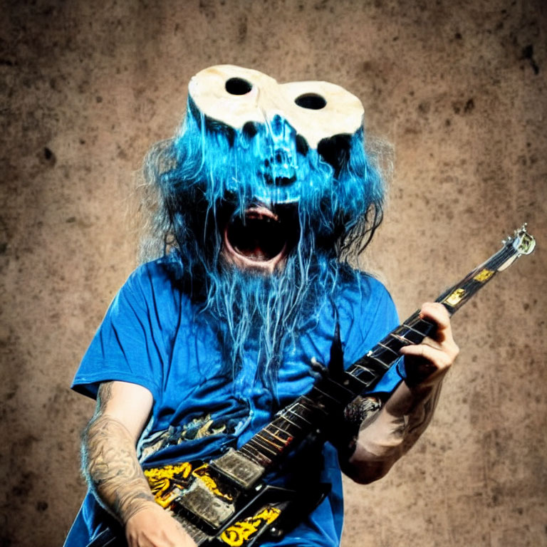 Person in Blue Wig and Skull Mask Playing Electric Guitar on Textured Backdrop