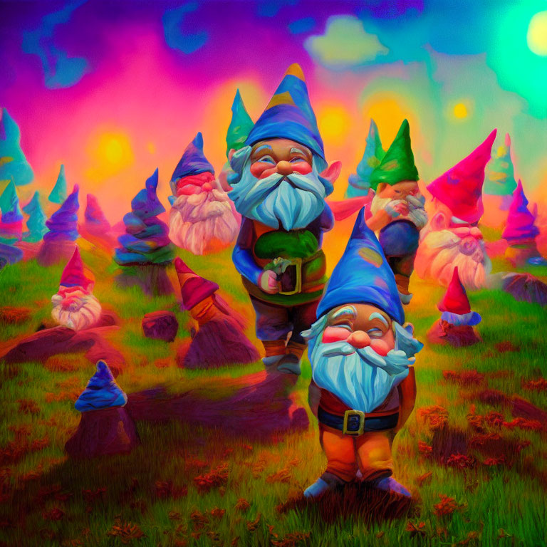 Colorful garden gnomes in whimsical landscape under multicolored sky