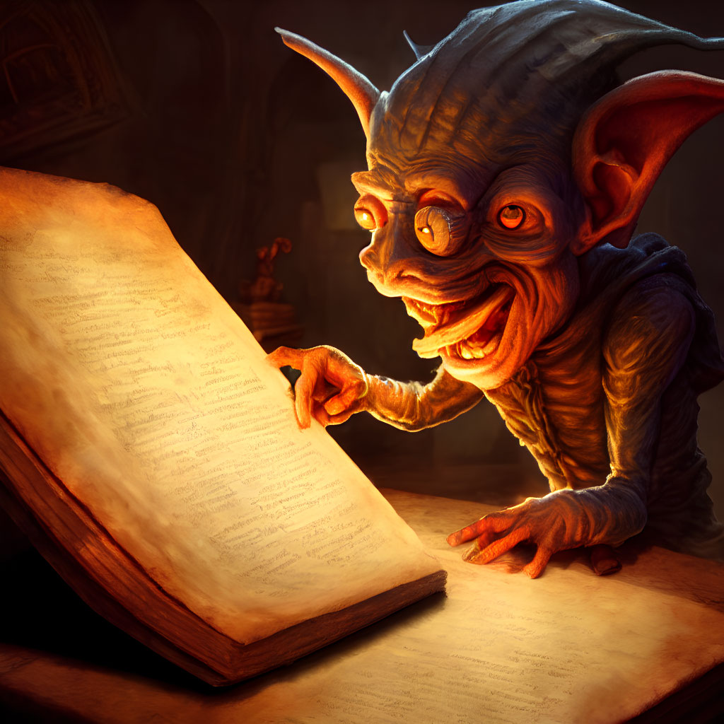 Fantasy creature reading ancient book by candlelight