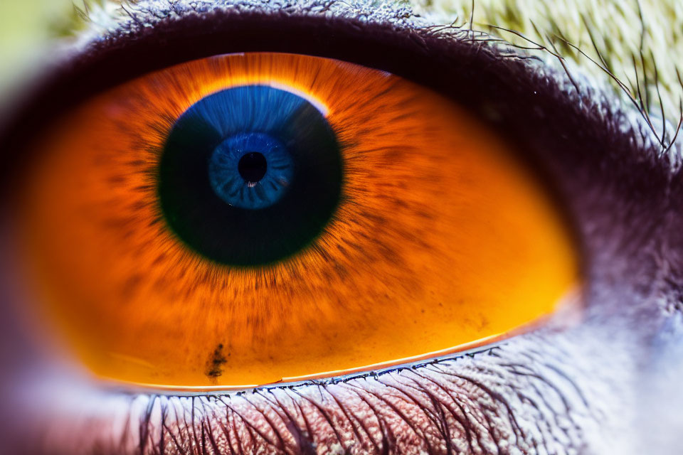 Detailed close-up of human eye with orange iris and dilated pupil.