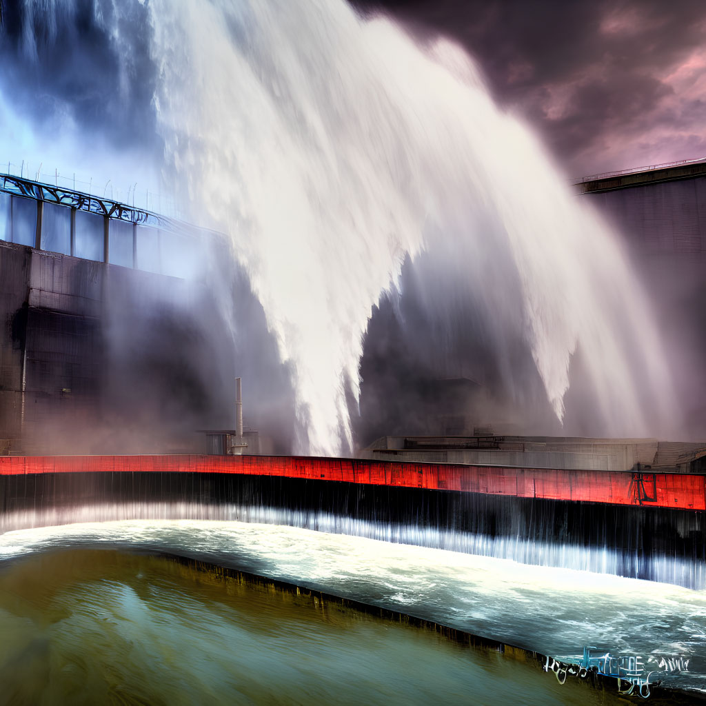 Powerful waterfall cascading from large dam under dramatic sky