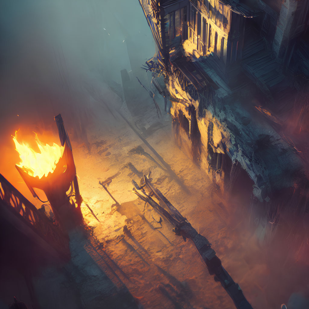 Foggy street in decrepit city with glowing brazier fire