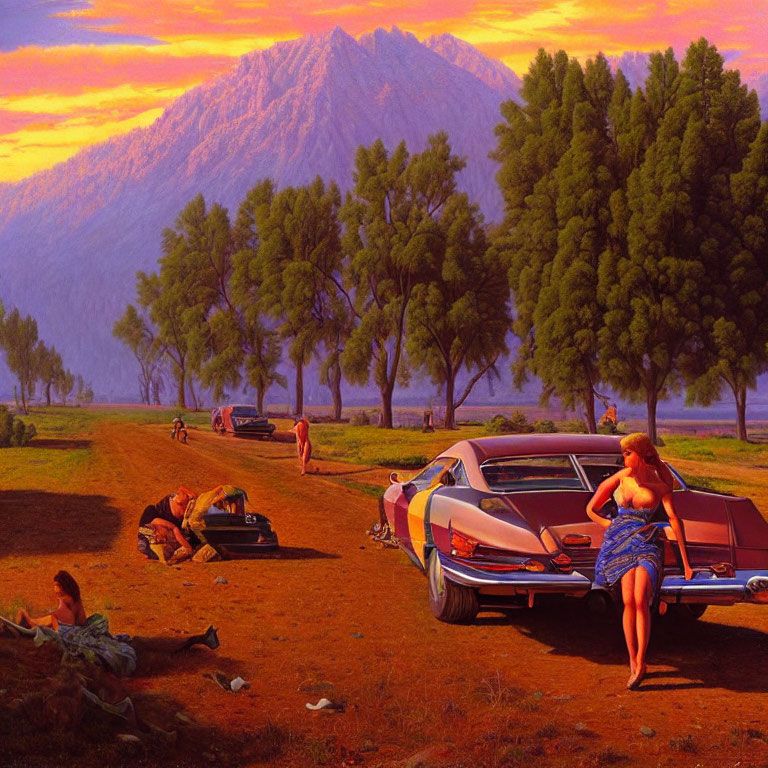 Colorful painting of people by vintage cars at sunset with mountains.