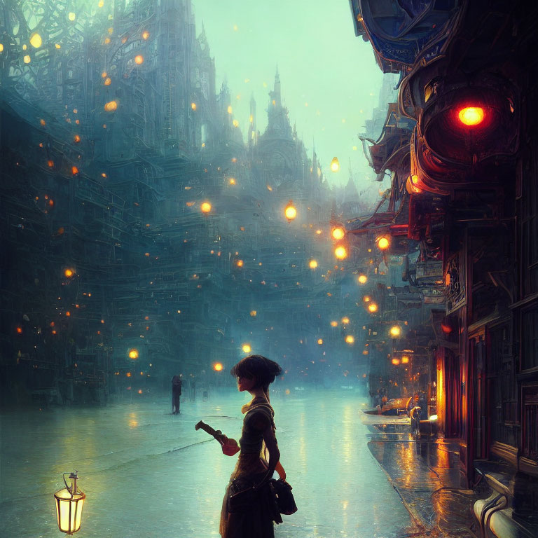 Person standing on rainy cobblestone street, gazing at grand gothic cityscape at twilight