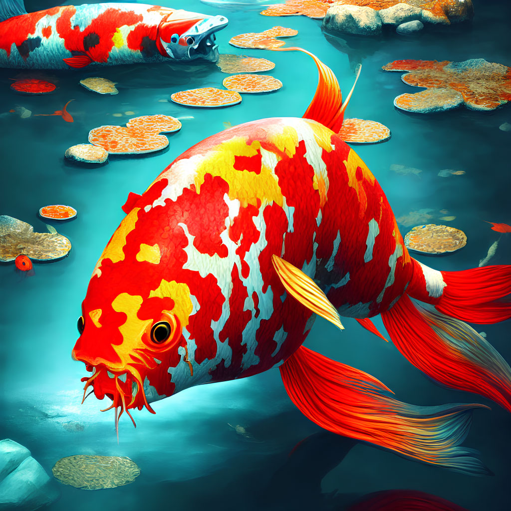 Vibrant Red and White Koi Fish Swimming Among Lily Pads