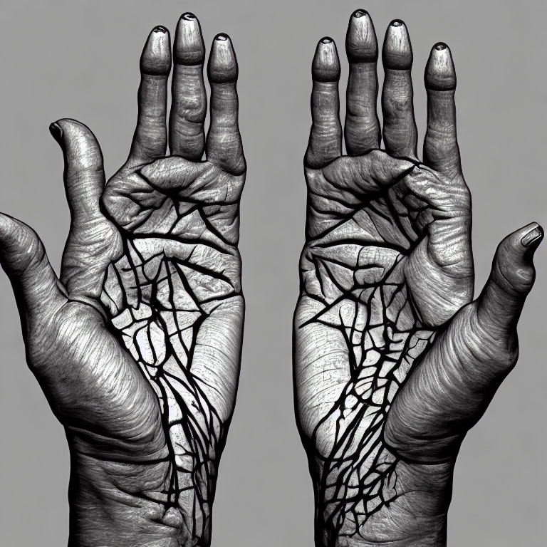 Intricate black patterns on hands resembling leafless branches.