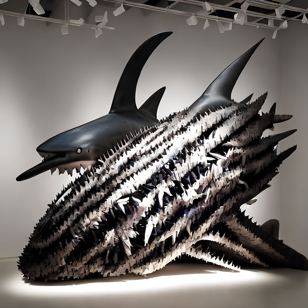 Sculptural Installation: Shark Bursting Through Metallic Wall