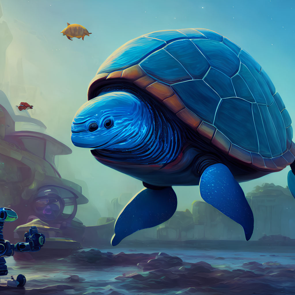 Giant turtle flying in futuristic cityscape with underwater elements