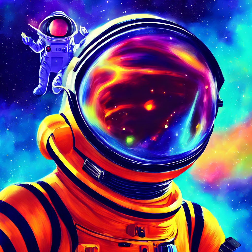 Astronaut in Yellow-Orange Space Suit Floating in Cosmic Space