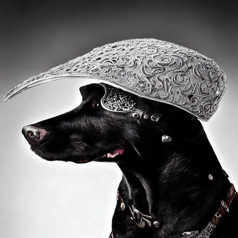 Black Dog in Silver Cowboy Hat and Studded Collar on Gradient Background