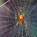 Cartoonish villainous face on large spider in dew-covered web