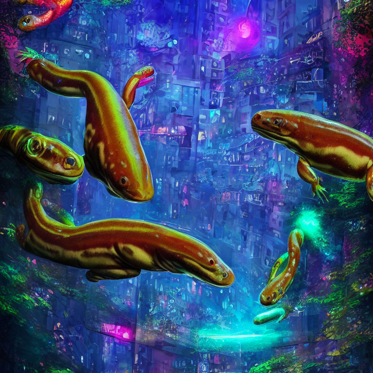 Colorful Salamanders in Neon-lit Underwater Cityscape