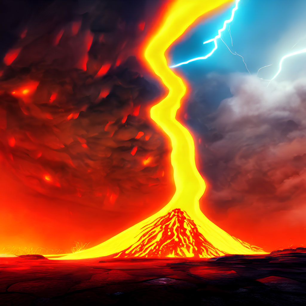 Volcanic eruption with lightning bolt in dark sky