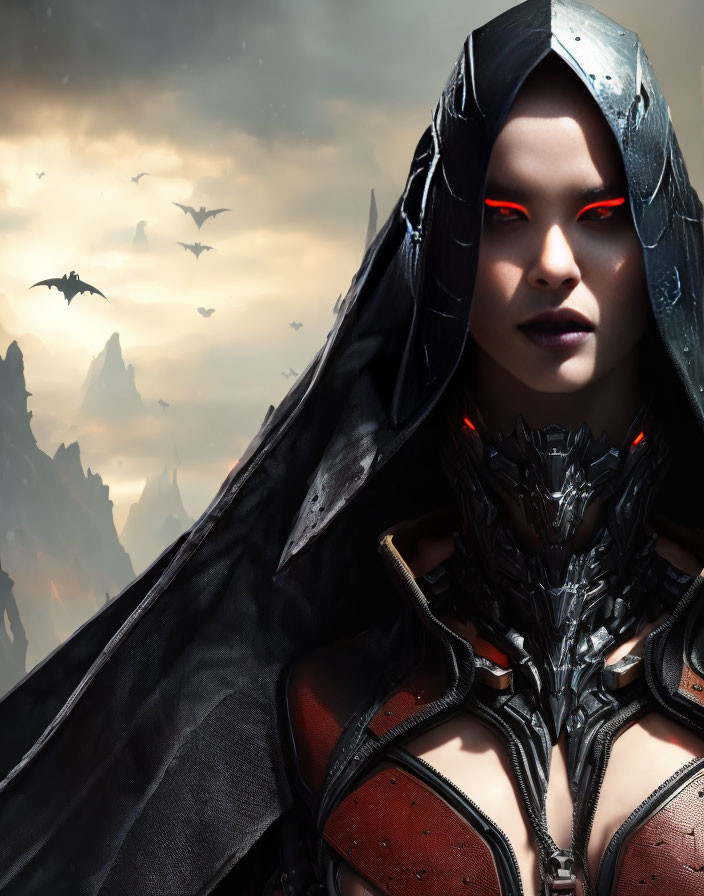 Digital artwork: Woman in dark armor with glowing red eyes, cloudy sky backdrop.