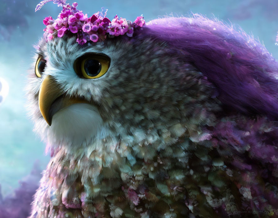 Purple feathered owl with pink flower crown in dreamy sky