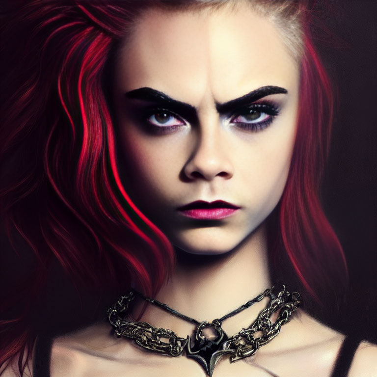 Portrait of person with dramatic makeup, intense gaze, red & black hair, ornate choker