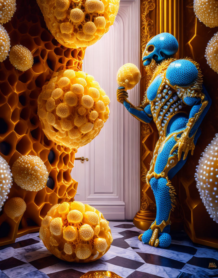 Surreal blue humanoid creature with intricate patterns in room with golden hive-like structures