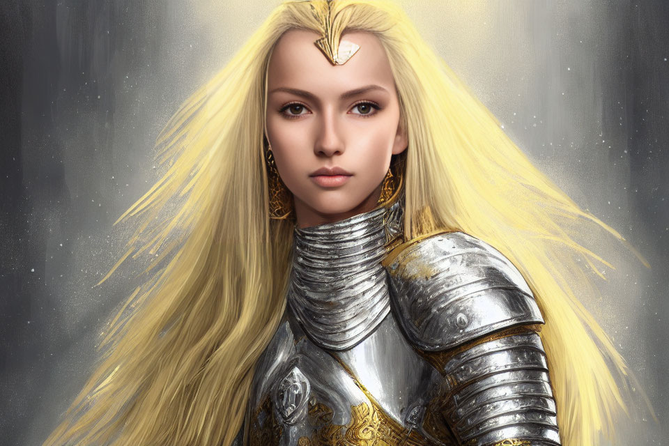 Blonde woman in silver armor with gold circlet