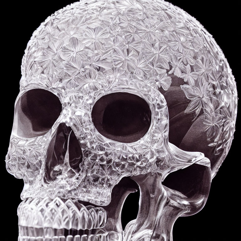 Intricately Carved Crystal Skull with Floral Pattern