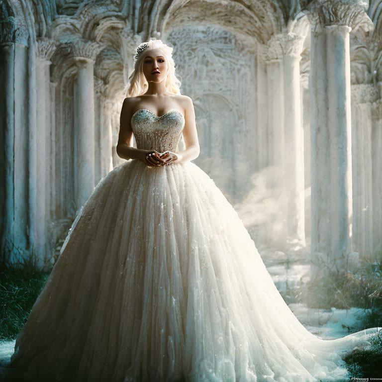 Elegant woman in white ball gown among ancient pillars with ethereal light.