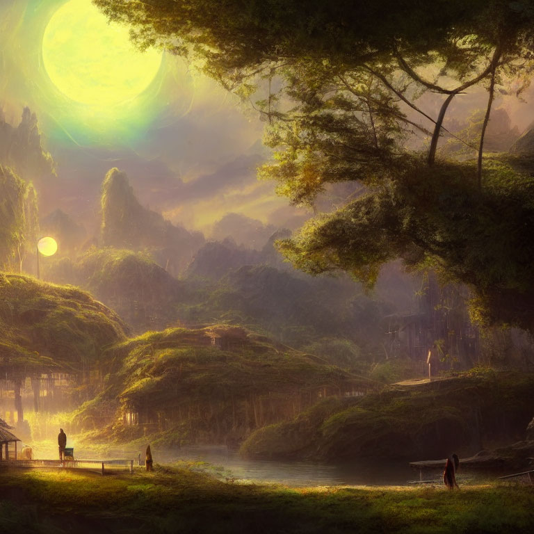 Fantasy landscape with oversized green moon, silhouetted figures, lush hills, and ethereal