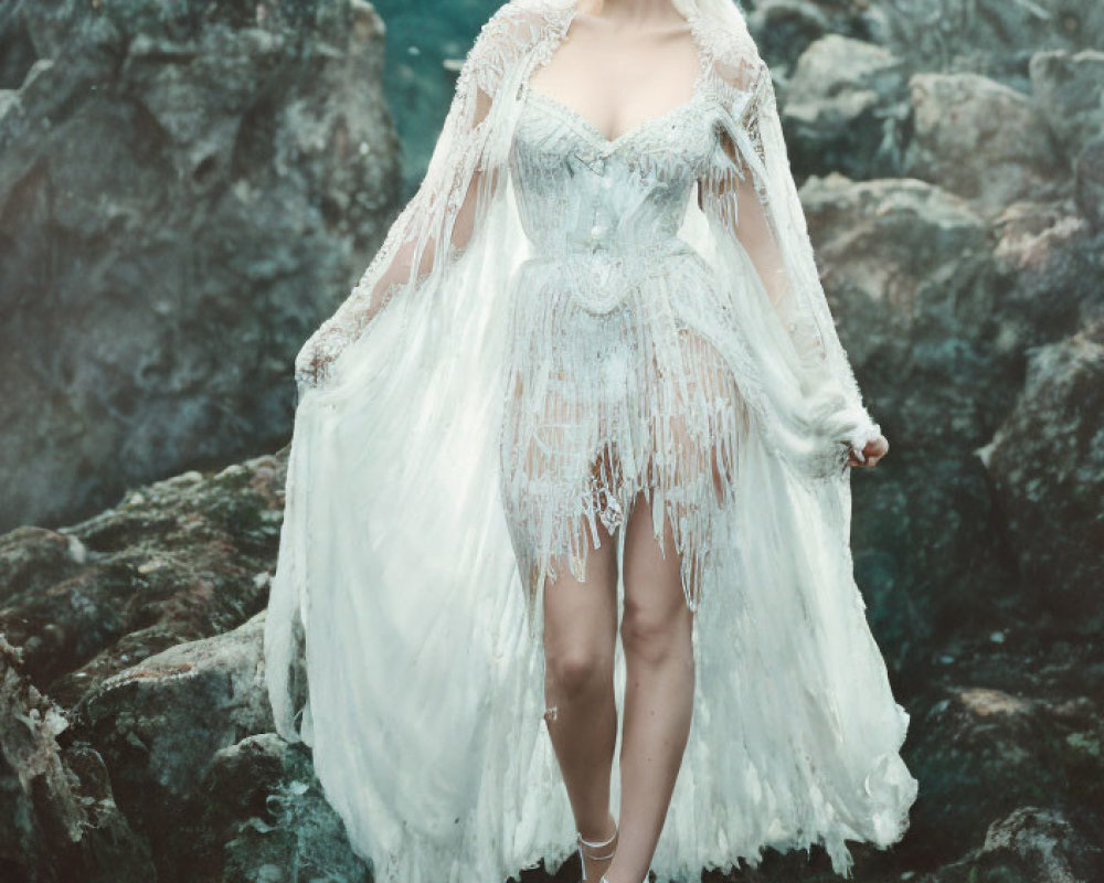 Woman in intricate white lace gown standing on mossy rocks in misty surroundings