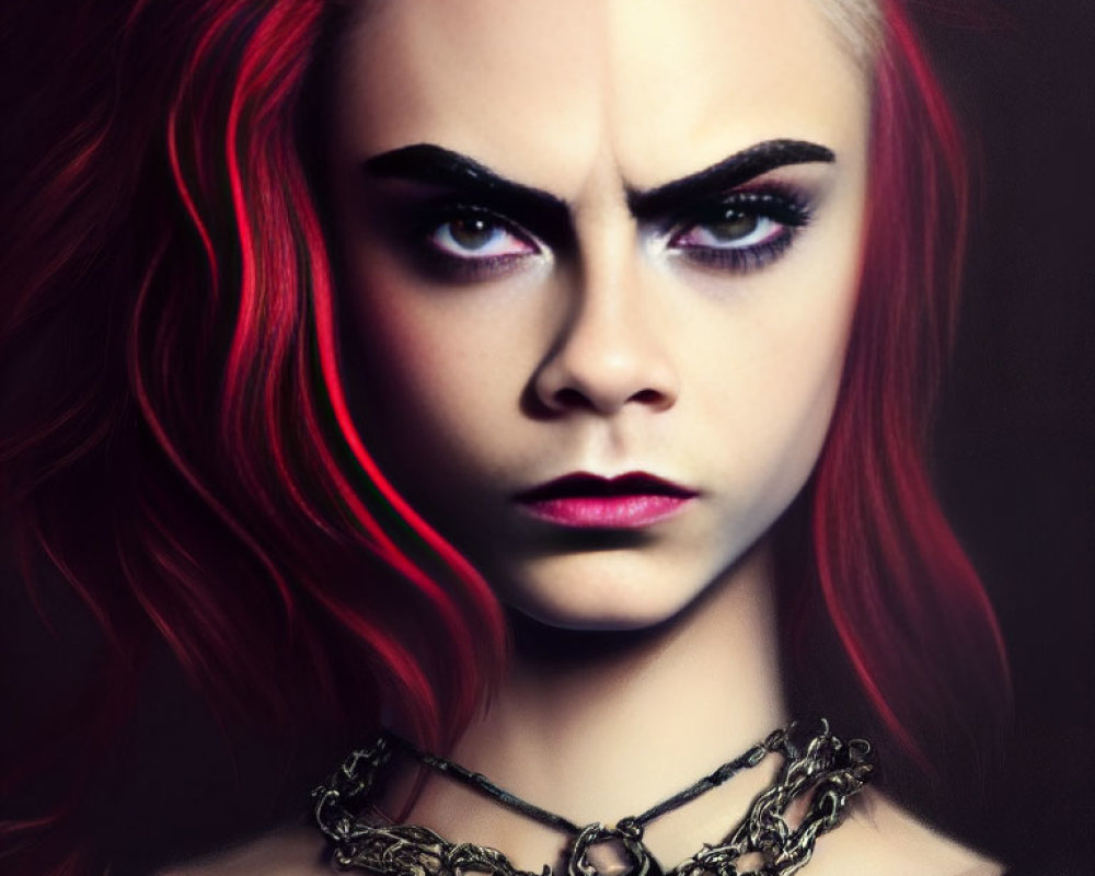 Portrait of person with dramatic makeup, intense gaze, red & black hair, ornate choker