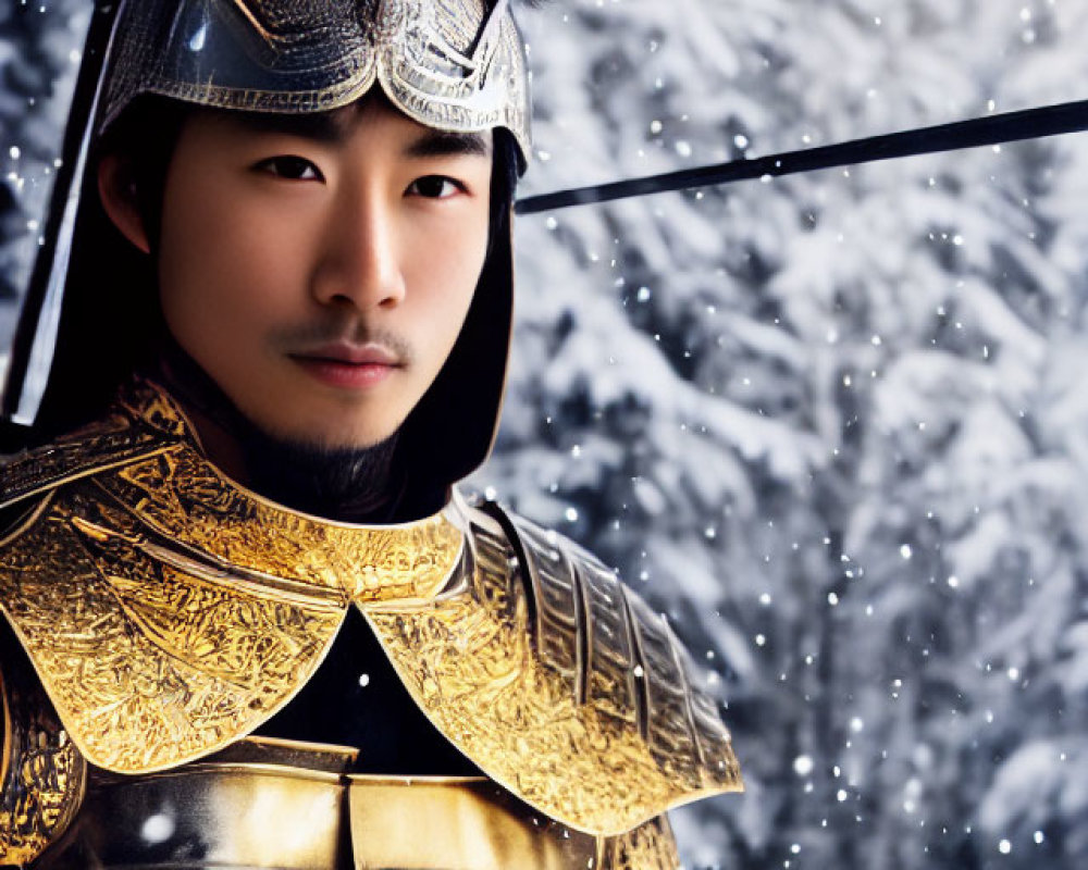 Golden-armored figure with spear in snowfall.