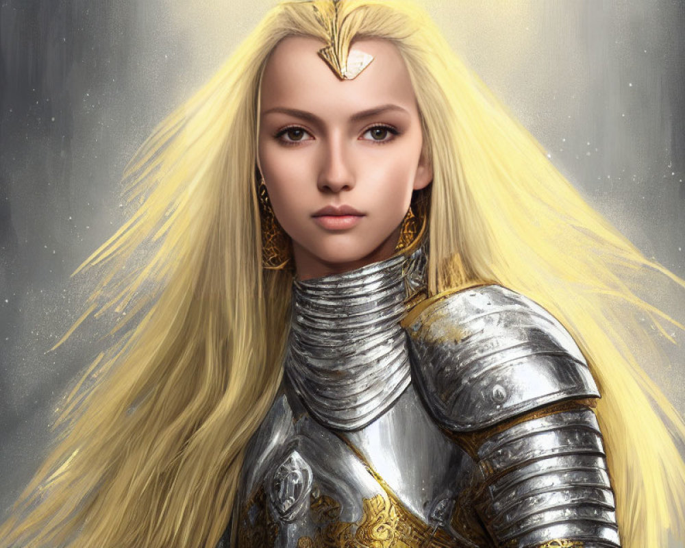 Blonde woman in silver armor with gold circlet