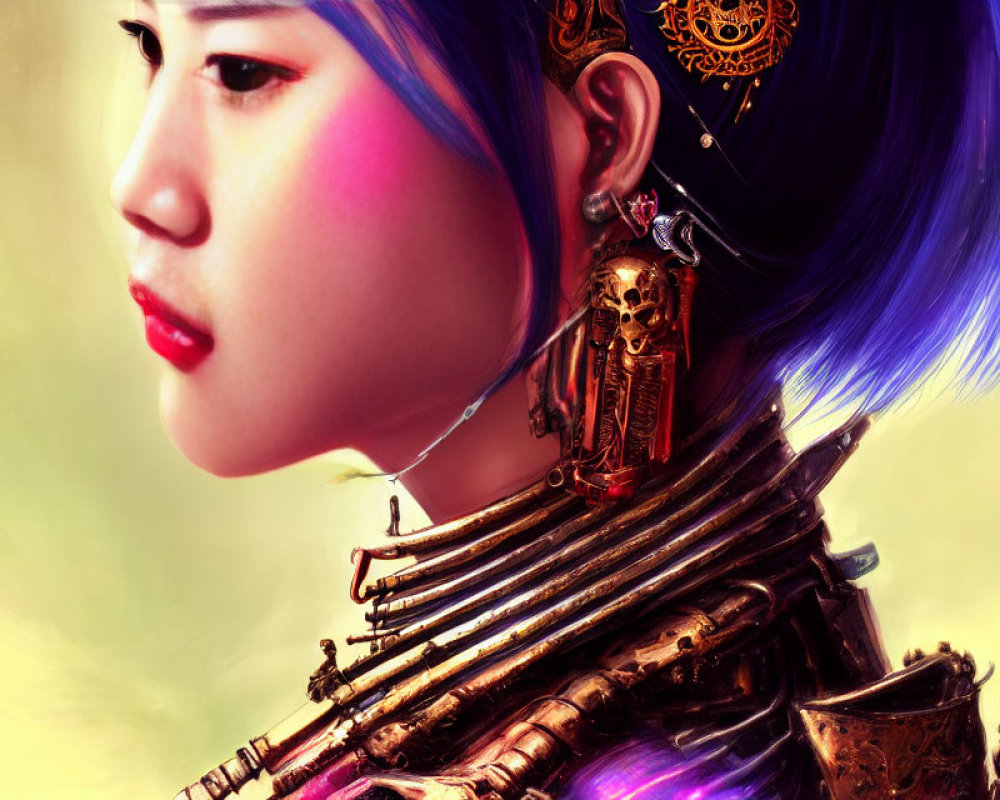 Digital portrait: Woman with blue hair and golden shoulder armor, adorned with intricate designs and a skull.