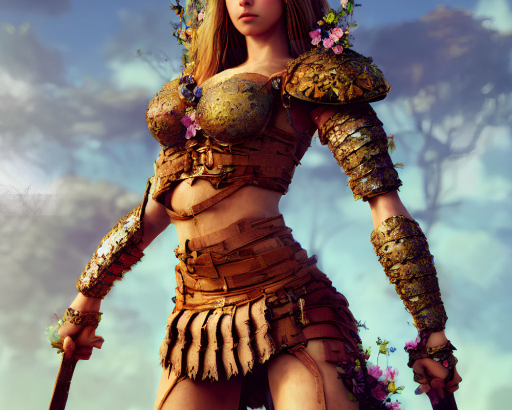 Female digital character in floral armor with staff against nature backdrop