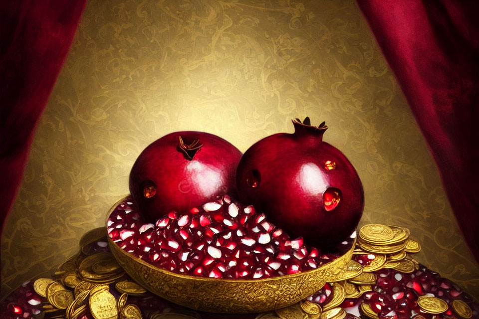 Pomegranates and Seeds on Plate with Gold Coins on Gold Background