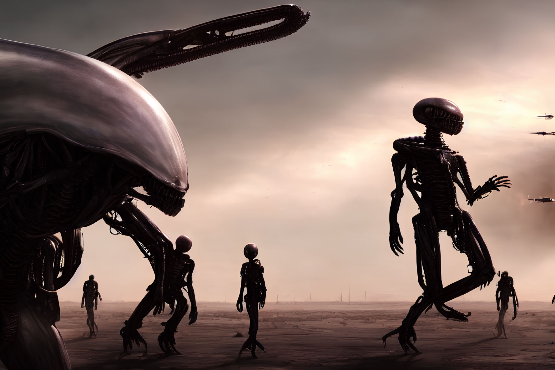 Desolate landscape with humanoid and Xenomorph-like aliens under hazy sky