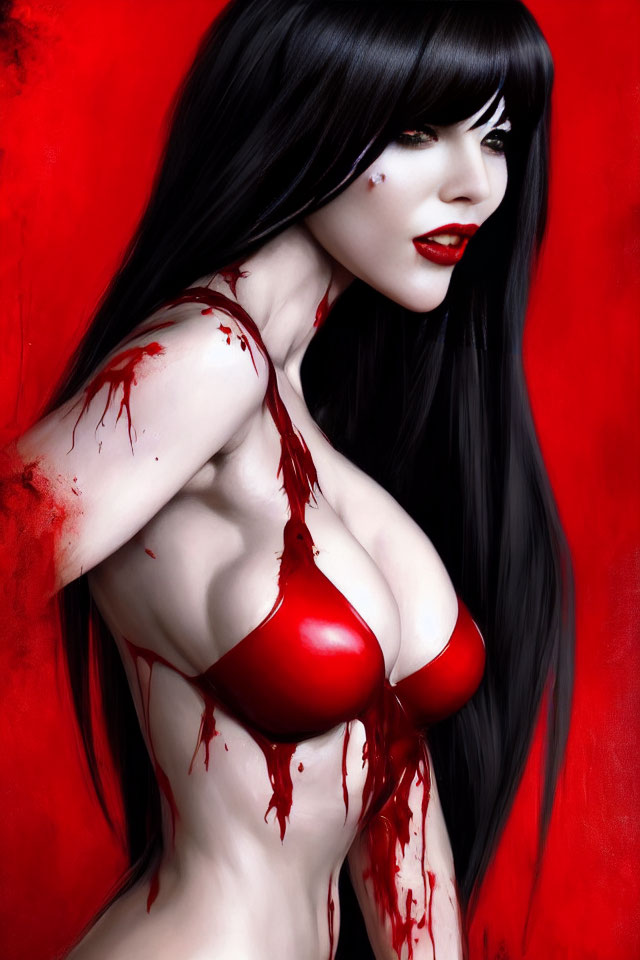 Digital artwork of pale-skinned woman with black hair on red background with blood-like details