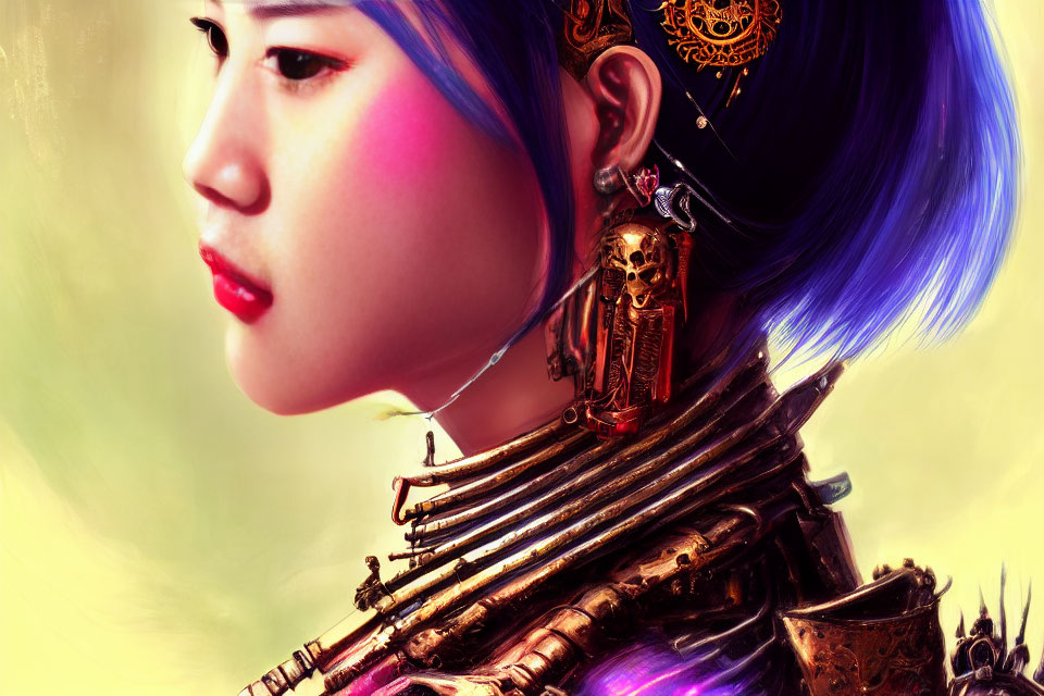 Digital portrait: Woman with blue hair and golden shoulder armor, adorned with intricate designs and a skull.