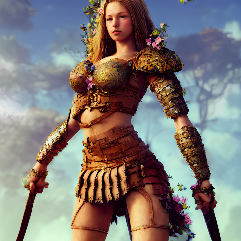 Female digital character in floral armor with staff against nature backdrop