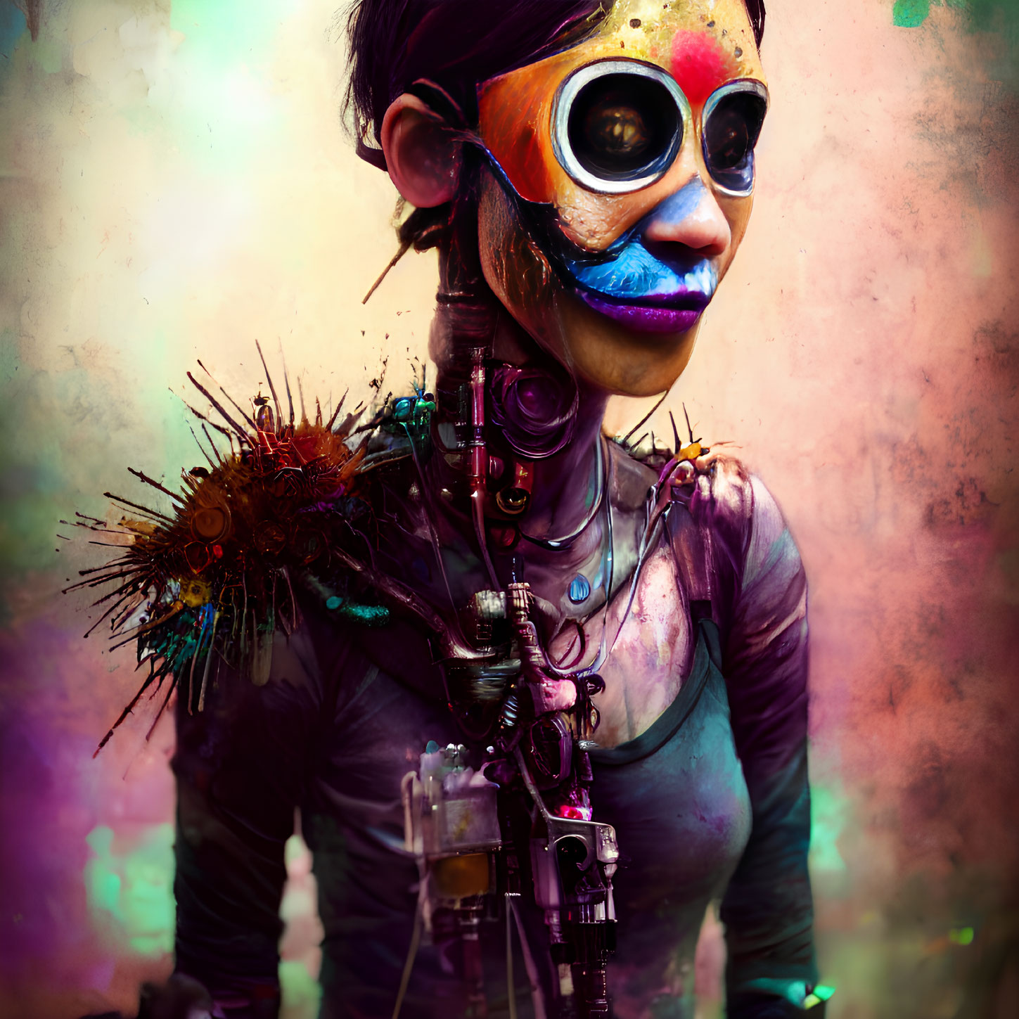 Colorful Sci-Fi Attire with Face Paint and Goggles on Textured Background