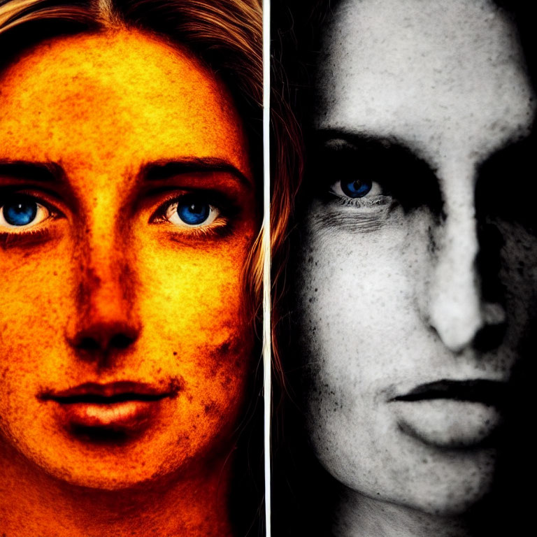 Split image: Warm orange vs. cool monochrome with intense blue-eyed woman