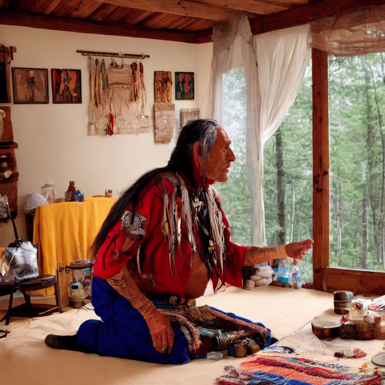 Indigenous person in traditional attire in rustic room with cultural artifacts gazes at forest from window