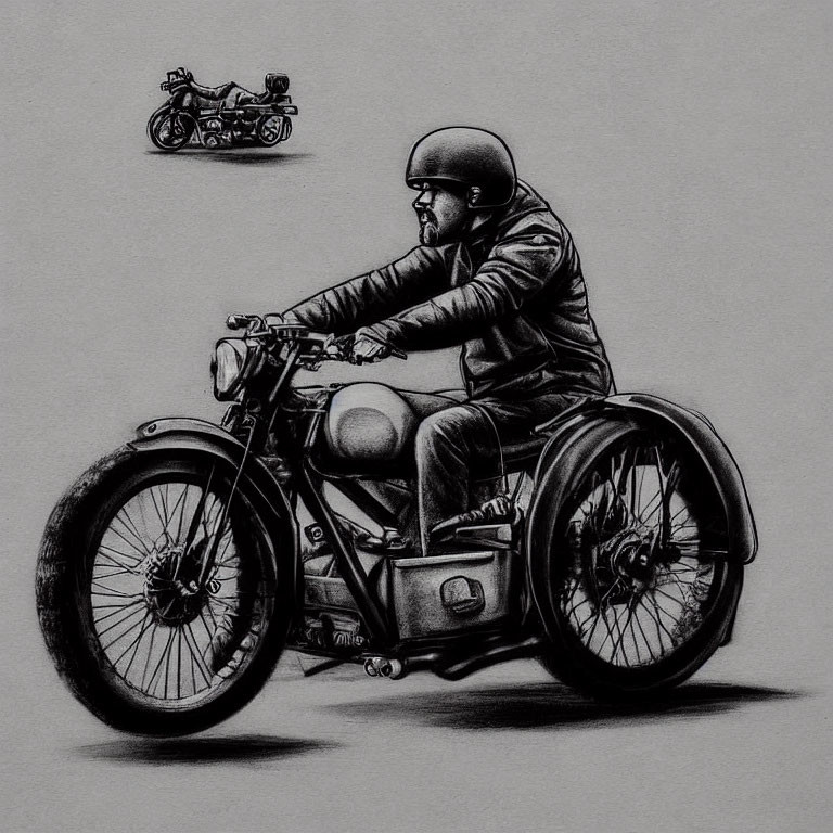 Person riding vintage motorcycle sketch on textured grey background