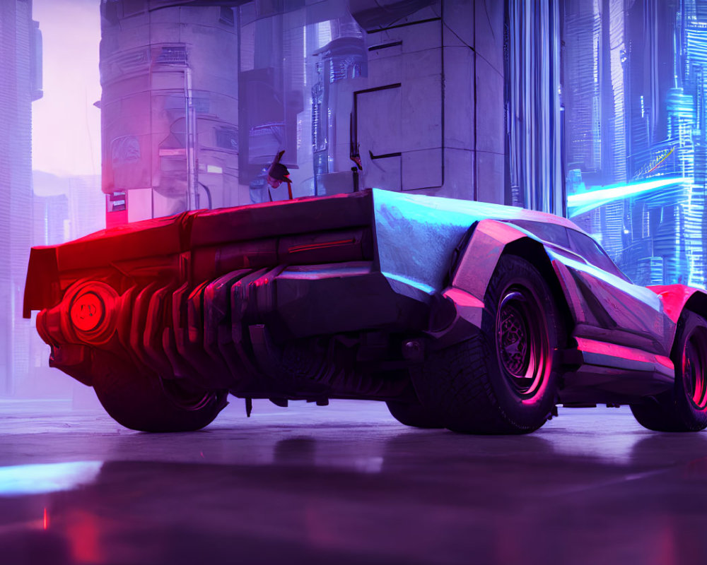 Futuristic car in cyberpunk cityscape with neon accents