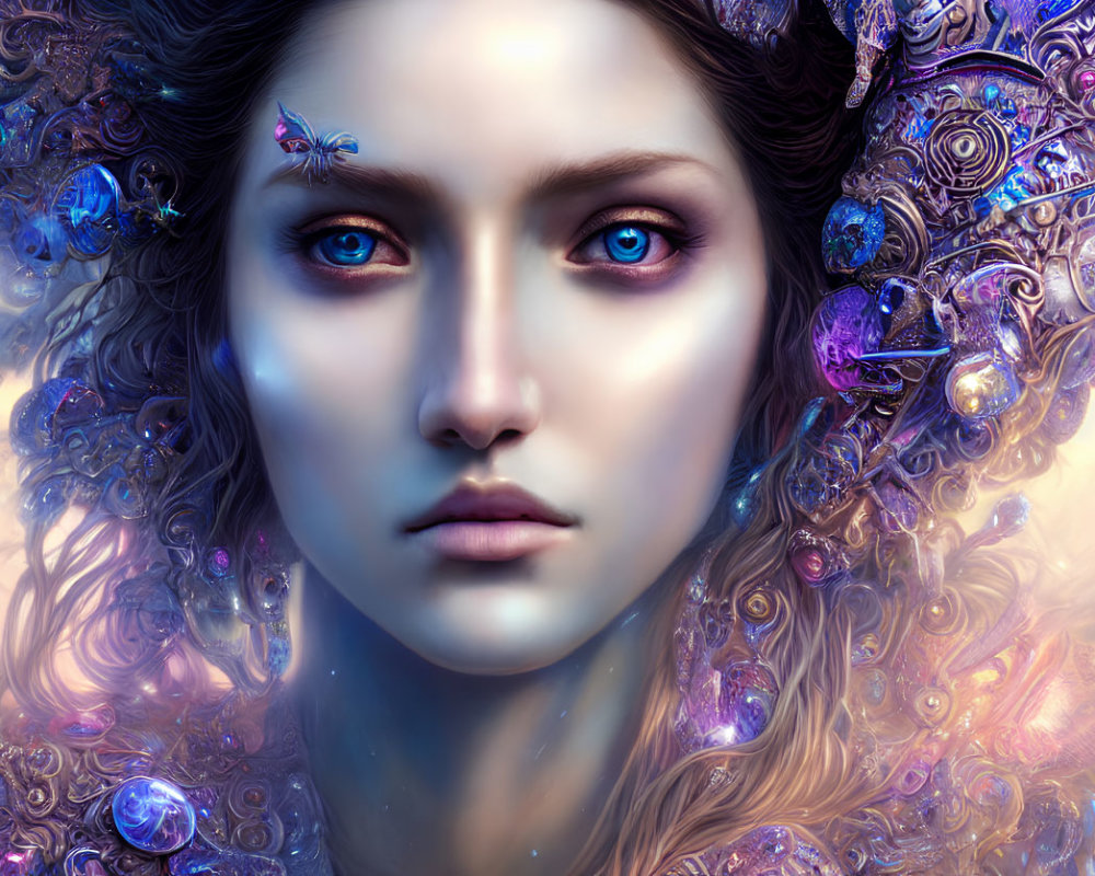 Mystical pale woman with blue eyes and glowing crystals in purple and silver setting