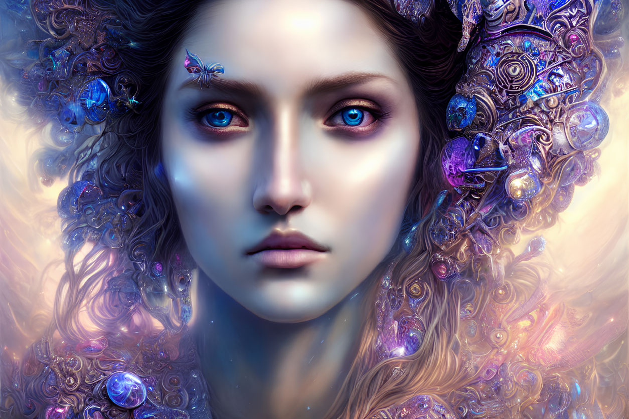 Mystical pale woman with blue eyes and glowing crystals in purple and silver setting