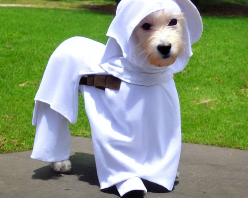 Dog in white hooded robe standing on grass