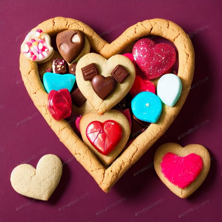 Heart-shaped cookie with chocolates and candies on burgundy background