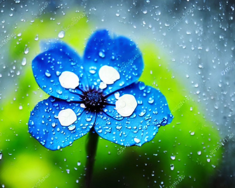 Blue Flower with Water Droplets on Petals Against Green Rain-Spattered Background