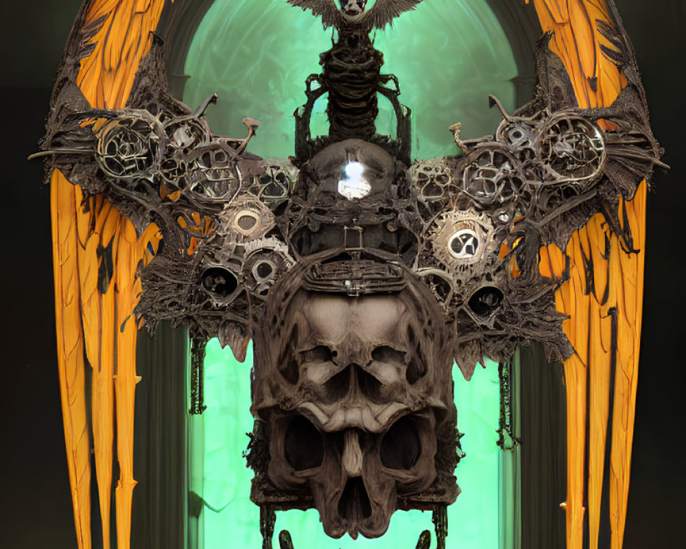 Gothic skeleton sculpture with orange wings, skulls, and mechanical elements on green background