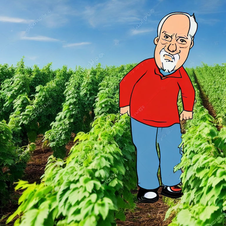 Grumpy man in lush green crop field under blue sky