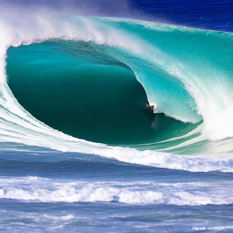 Skilled surfer on barreling wave in turquoise water